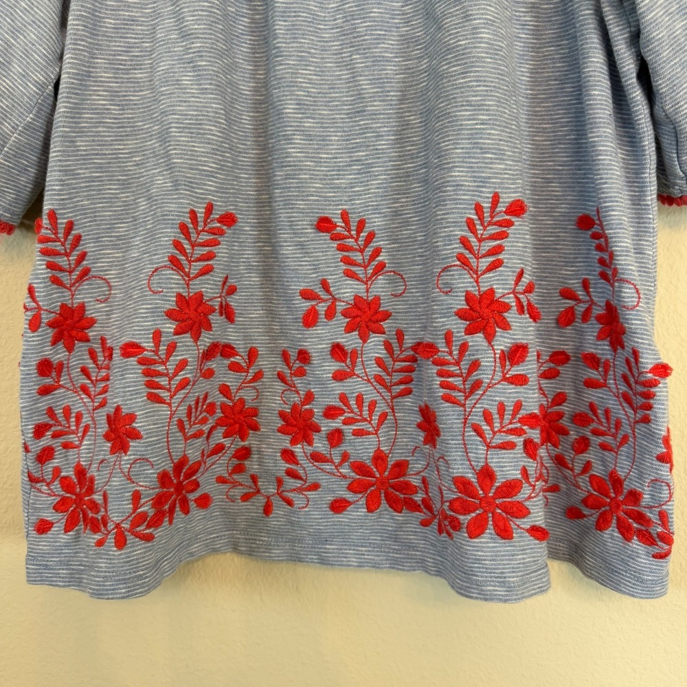 Talbots Embroidered Top Petite Large Blue Stripe Floral Pom Boho Americana - Picture 5 of 11
